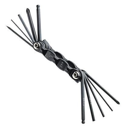 14585 guitar setup multi-tool with all hex, Phillips and slotted tool arms fanned open from the black handle, K&M