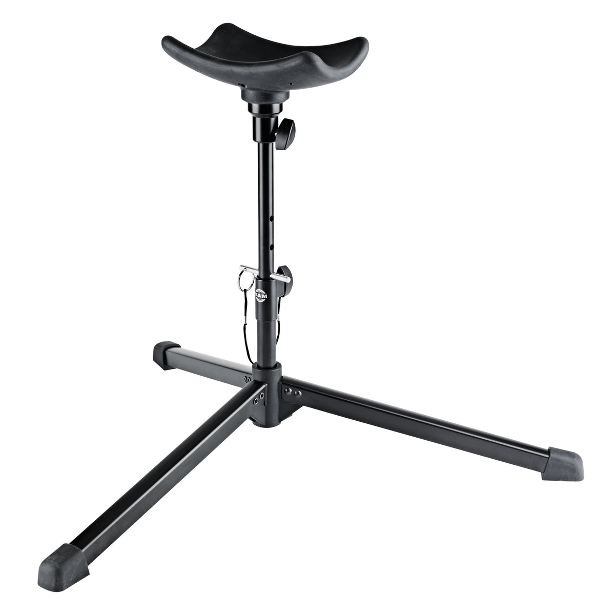 14952 children's tuba stand front view at extended height with black saddle-shaped rest, tripod legs and rubber feet, K&M