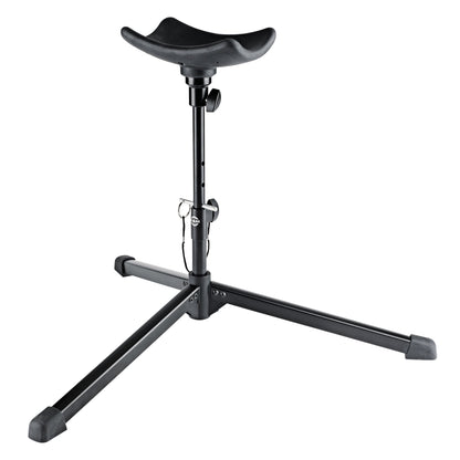 14952 children's tuba stand front view at extended height with black saddle-shaped rest, tripod legs and rubber feet, K&M