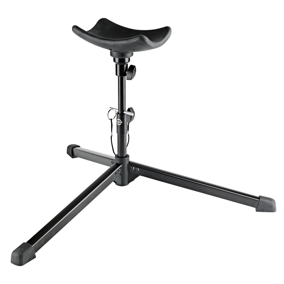 14952 children's tuba stand at lower height setting showing the locking pin with lanyard and clamp knobs on the telescoping stem, K&M