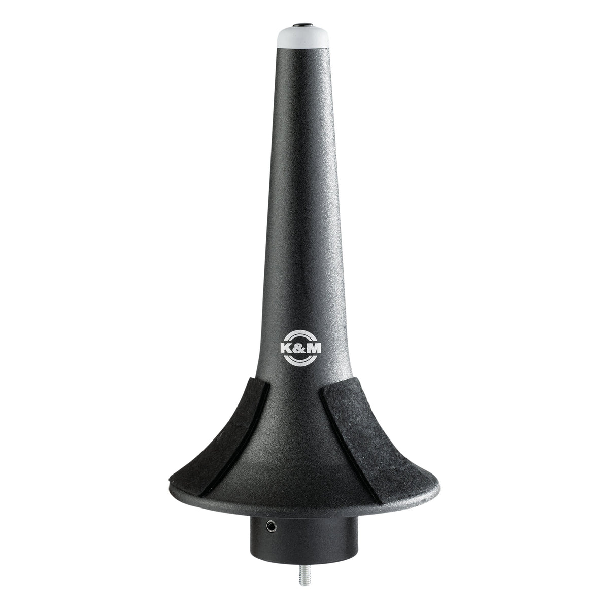15214 trumpet peg full front view with black felt pads on the flared base, K&M logo on the tapered body and threaded stud below, K&M