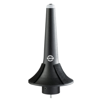15214 trumpet peg full front view with black felt pads on the flared base, K&M logo on the tapered body and threaded stud below, K&M