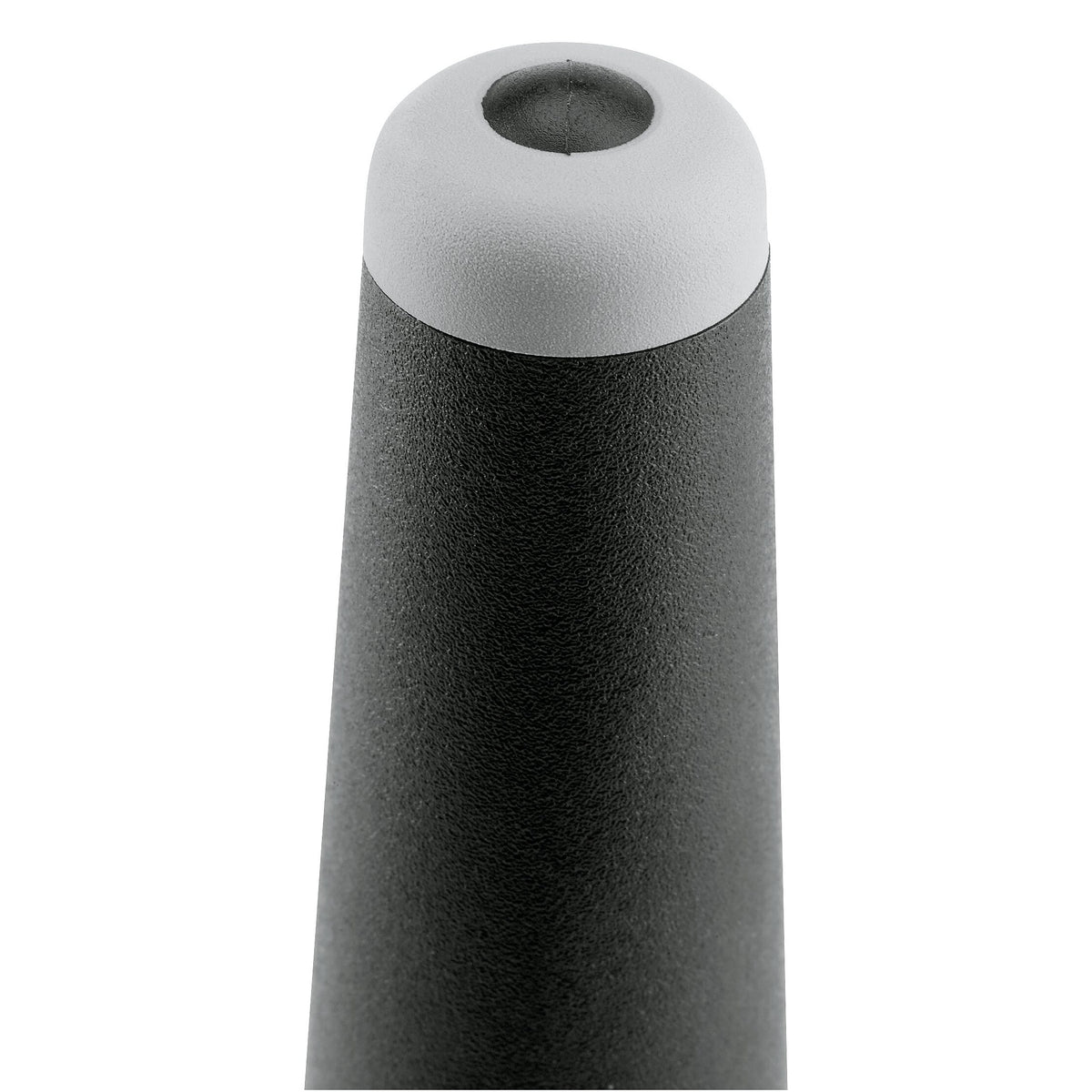 15214 trumpet peg top detail showing grey rubber tip with center hole on textured black tapered body, K&M