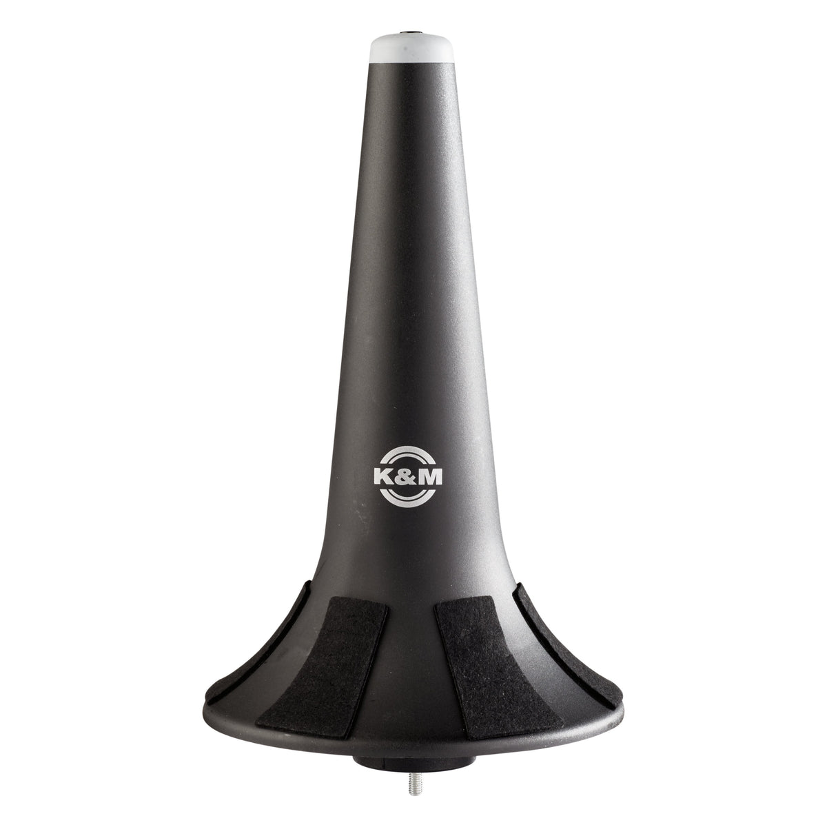 15244 flugelhorn peg front view with black felt pads on the flared base, white tip and threaded adapter stud at the bottom, K&M