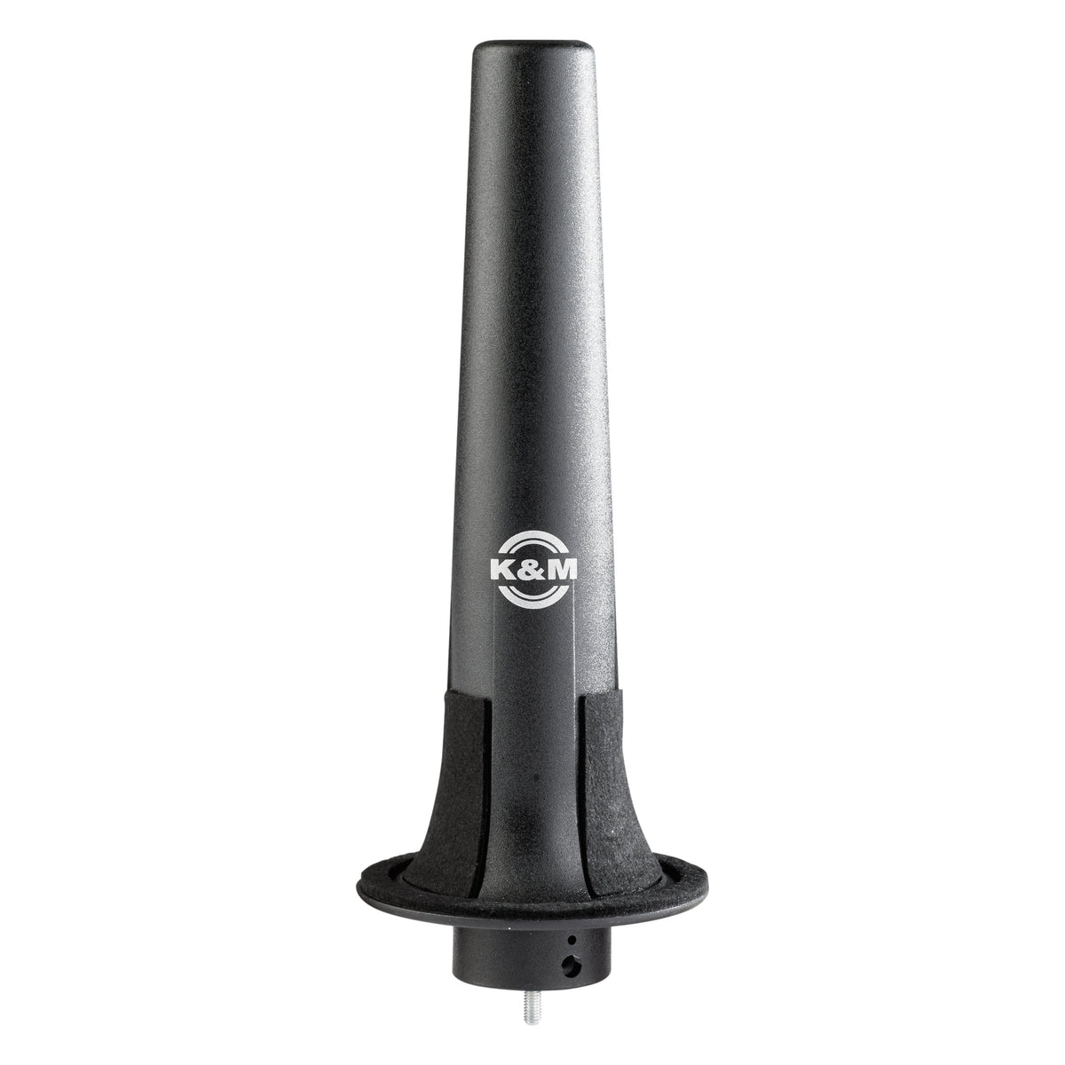 15294 soprano saxophone peg front view showing black tapered post with felt pads, K&M logo and threaded base stud, K&M