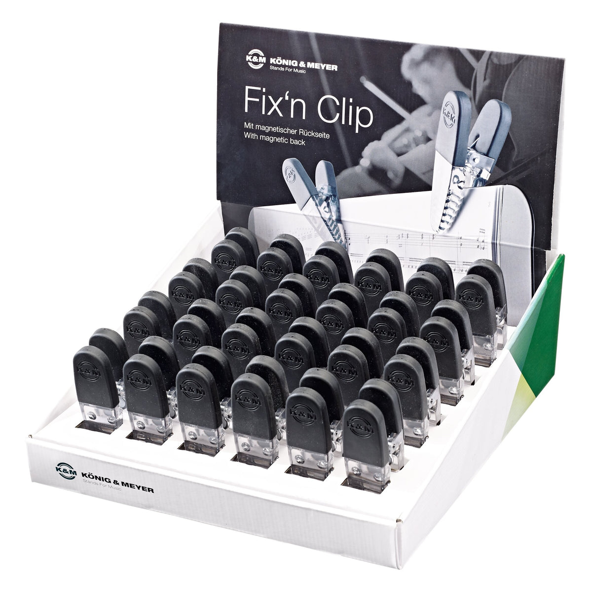 16055 Fix'n Clip magnetic sheet music clips retail display pack with 42 black clips in the tray and printed header card, K&M