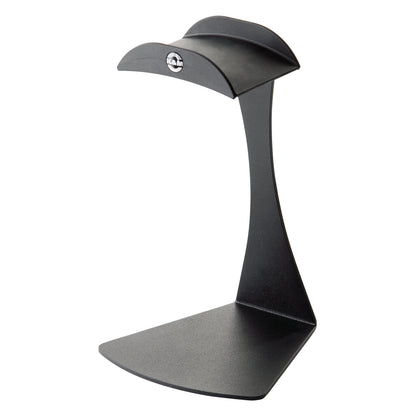 16075 headphone table stand front three-quarter view showing curved headband cradle with K&M logo badge and wide triangular base, K&M