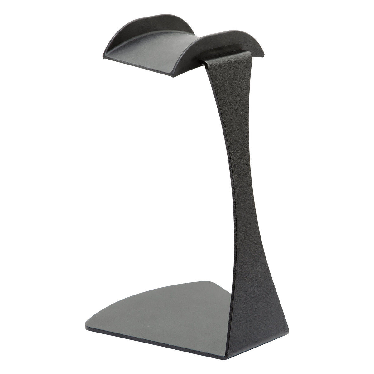 16075 headphone table stand rear three-quarter view showing curved steel column and textured black base, K&M