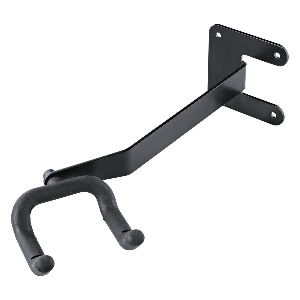 16235 guitar wall mount angled three-quarter view showing black steel arm, screw-hole mounting plate and rubber-coated U-shaped cradle, K&M