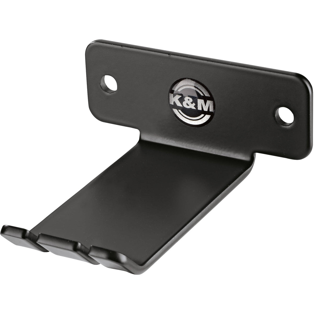 KM 16311.000.55 wall-mounted headphone holder angled product view showing black steel bracket with two mounting holes and grooved support arm, K&M