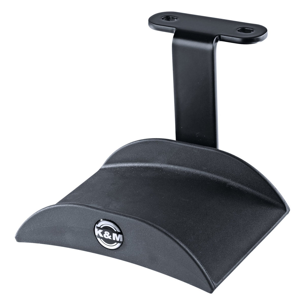 16330 under-table headphone holder angled product view showing black curved rubber support, steel bracket with two screw holes and K&M logo badge, K&M