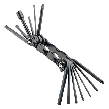 16451 compact drum tool kit with all tools fanned open, showing Allen keys, slotted and Phillips drivers and nut driver on black handle with chrome Torx screws, K&M