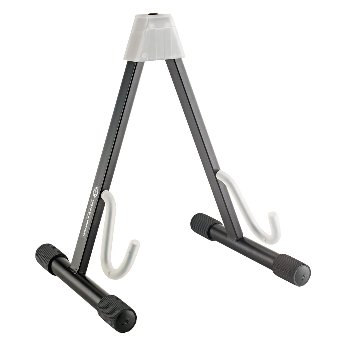 17540 folding electric guitar stand, front three-quarter view showing A-frame black legs, translucent neck rest and white rubber-coated support hooks, K&M