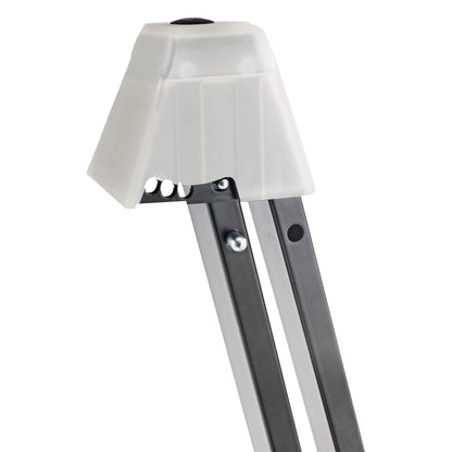 17540 folding electric guitar stand, close-up of translucent top cradle with rivets and pivot holes where the black legs join, K&M