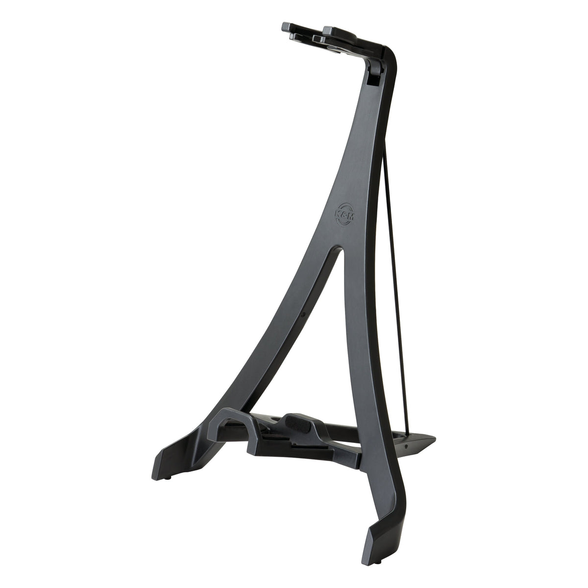 17650 Carlos folding guitar stand, angled front view of the black A-frame with K&M logo, padded neck yoke and rear support strap, K&M