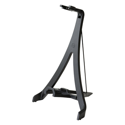 17650 Carlos folding guitar stand, angled front view of the black A-frame with K&M logo, padded neck yoke and rear support strap, K&M