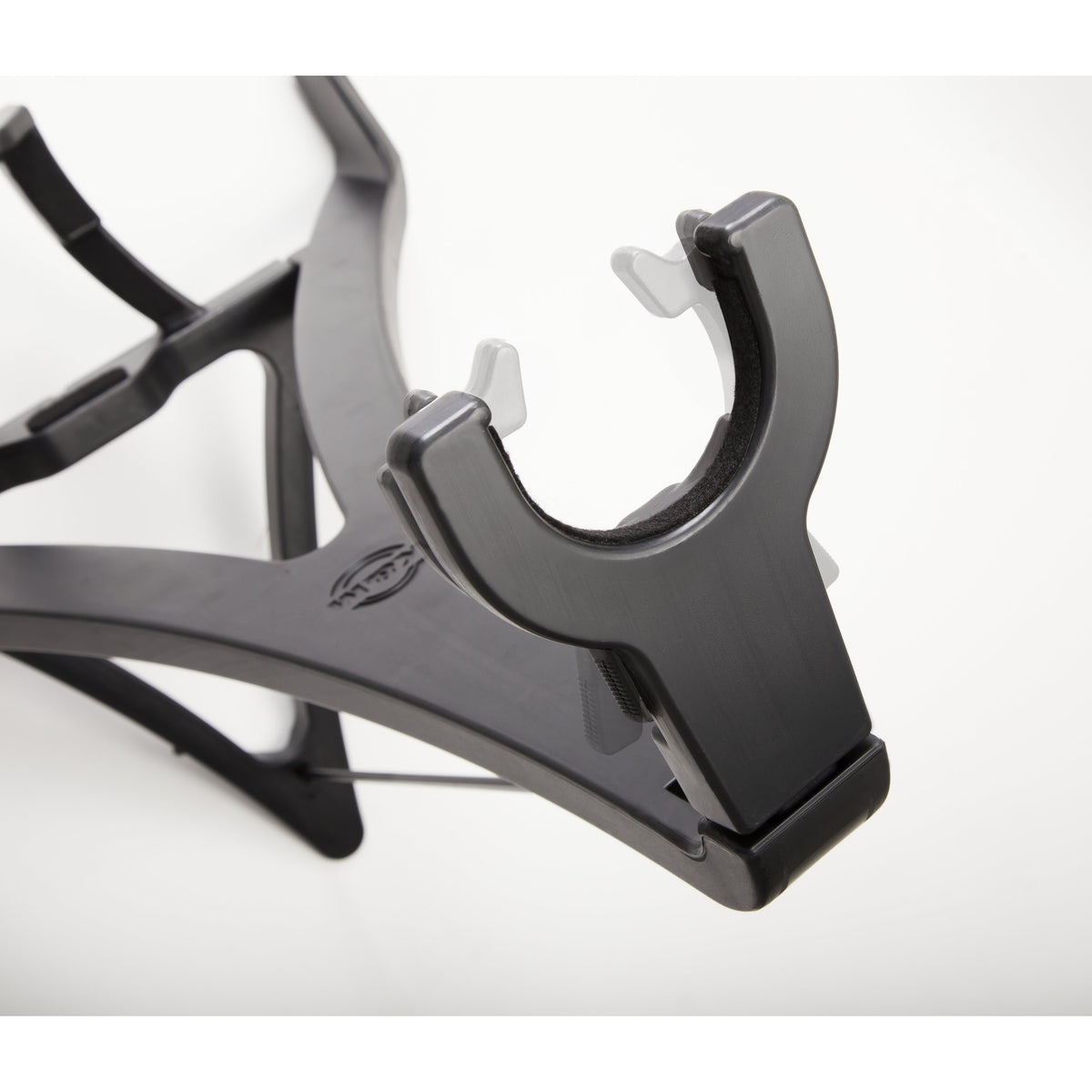 17650 Carlos folding guitar stand, close-up of the neck yoke with felt-lined cradle and hinged retaining arms, K&M