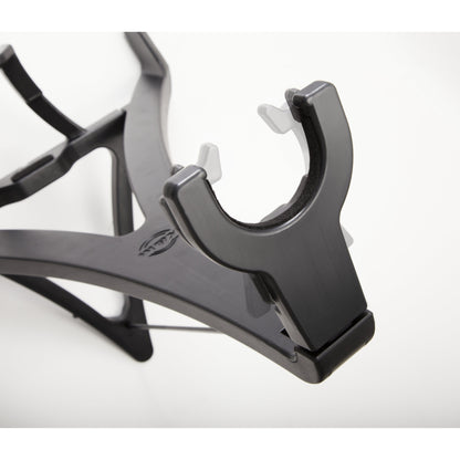 17650 Carlos folding guitar stand, close-up of the neck yoke with felt-lined cradle and hinged retaining arms, K&M
