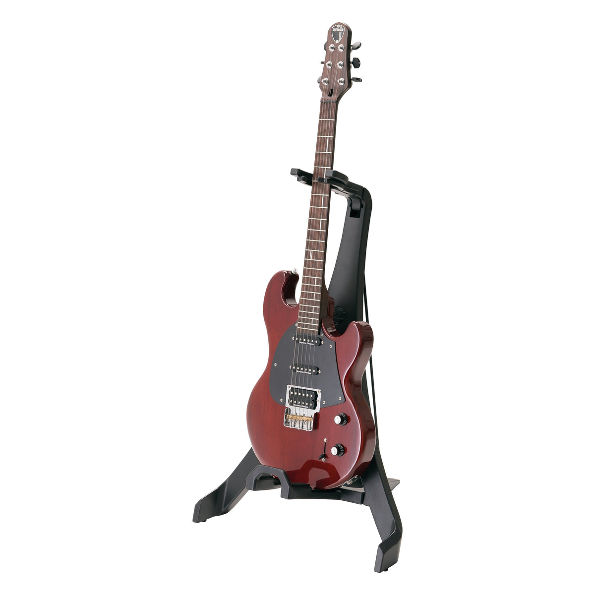 17650 Carlos folding guitar stand in use holding a red solid-body electric guitar upright by the neck, K&M