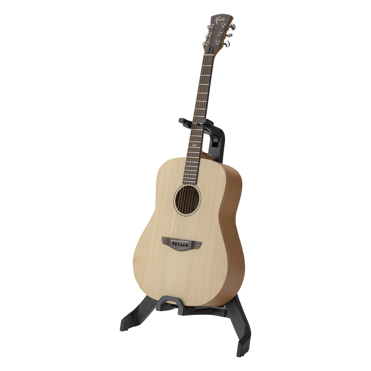 17650 Carlos folding guitar stand in use supporting a natural-finish acoustic dreadnought guitar, K&M