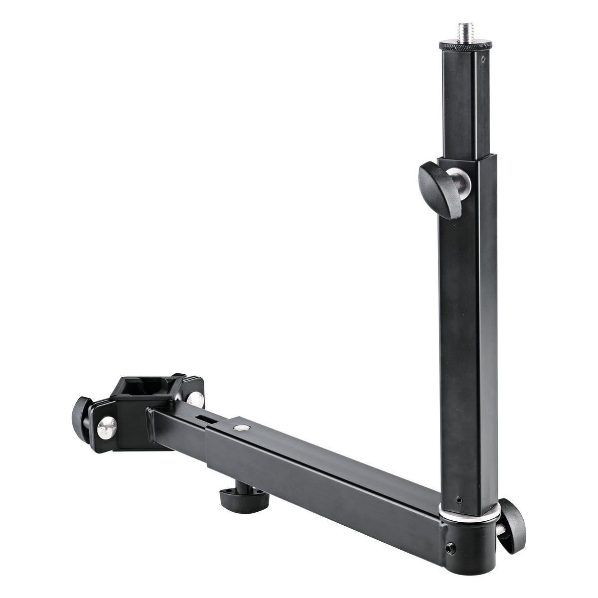 18807 universal keyboard stand holder angled view showing L-shaped black arm with clamp, thumb screws and threaded top stud, K&M