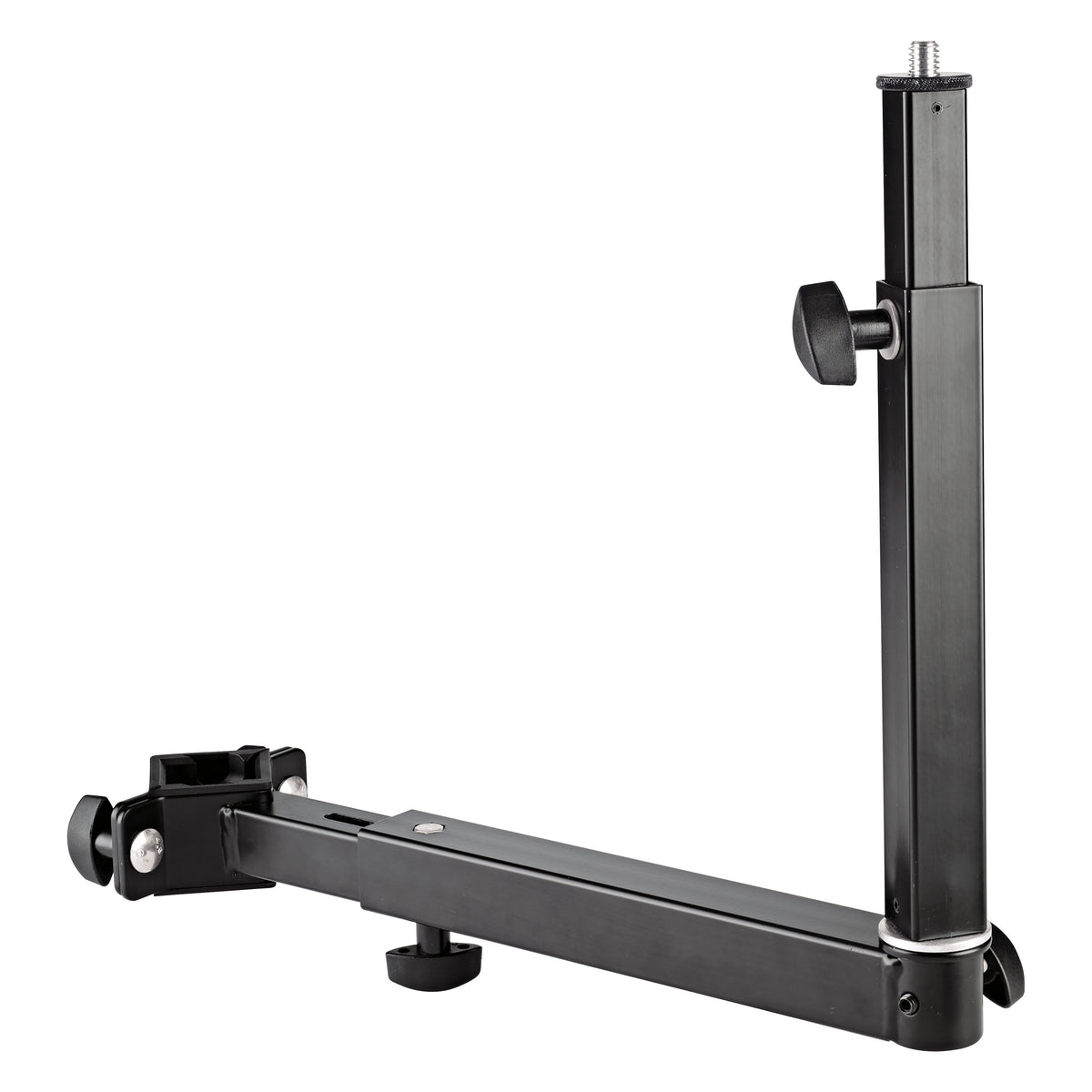 18807 universal keyboard stand holder side view showing extendable horizontal arm, clamp bracket and vertical telescopic post with locking knob, K&M