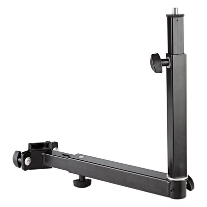 18807 universal keyboard stand holder side view showing extendable horizontal arm, clamp bracket and vertical telescopic post with locking knob, K&M