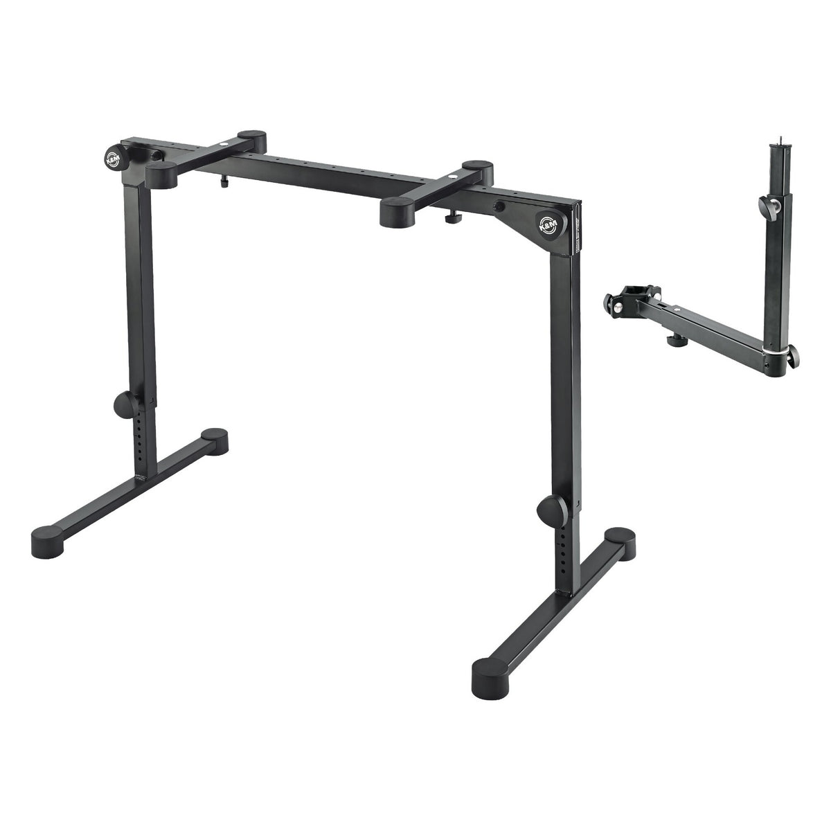 18807 universal holder shown beside a black adjustable keyboard stand it can attach to, K&M