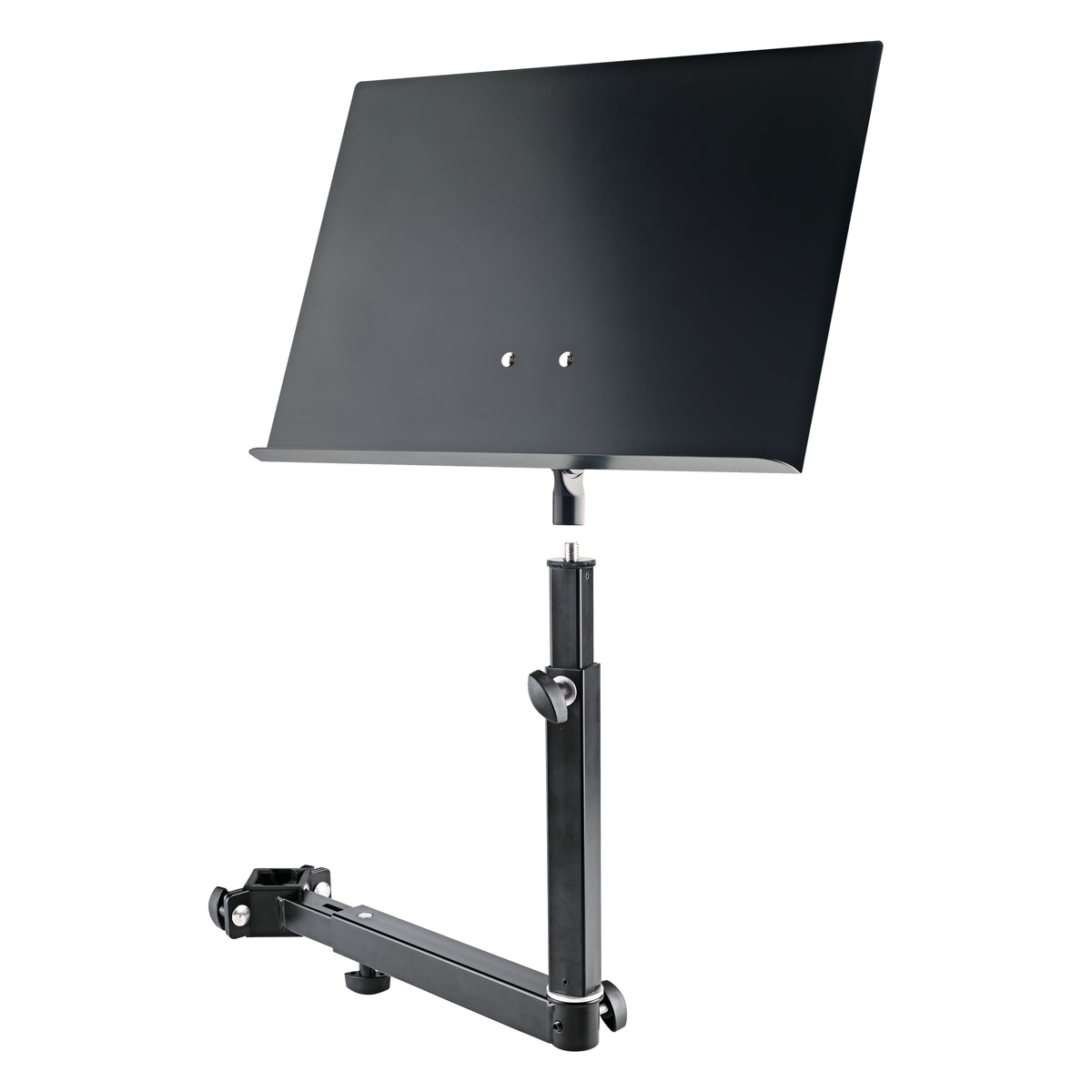 18807 universal holder in use supporting a black music stand desk on its threaded top stud, K&M