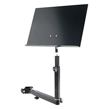 18807 universal holder in use supporting a black music stand desk on its threaded top stud, K&M