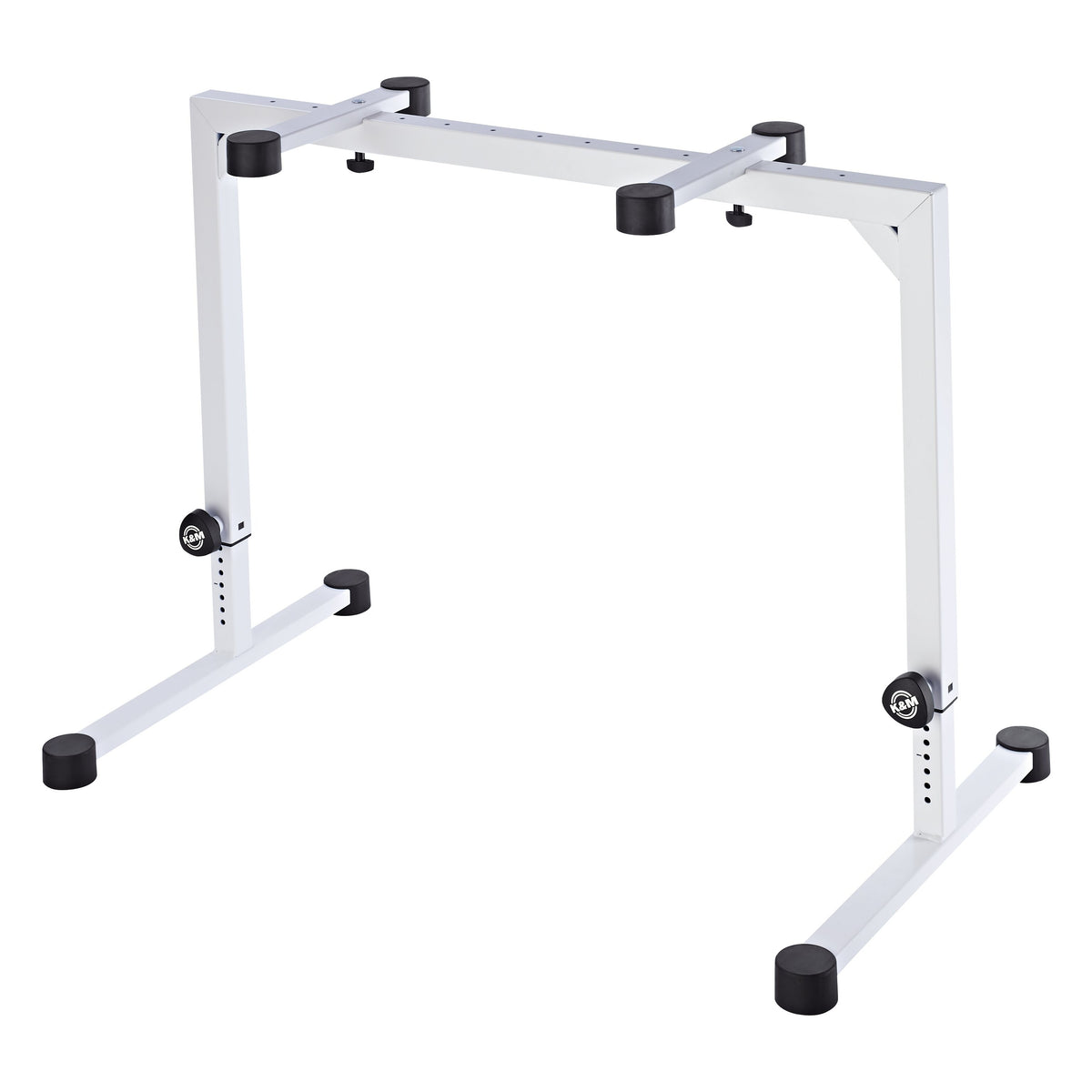 18810 Omega table stand front three-quarter view in pure white with height-adjustment holes and K&M clamp knobs, K&M