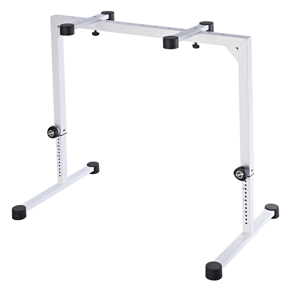 18810 Omega table stand extended to a taller setting showing perforated leg tubes and K&M locking knobs, K&M