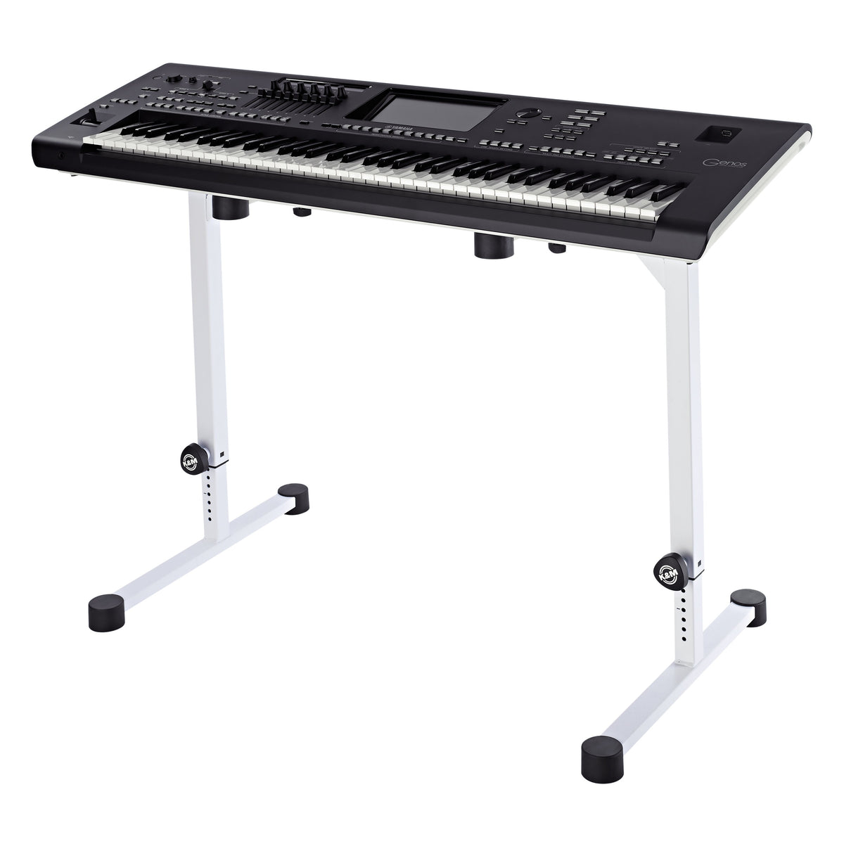 18810 Omega table stand in use supporting a Yamaha Genos keyboard on its rubber-capped top arms, K&M