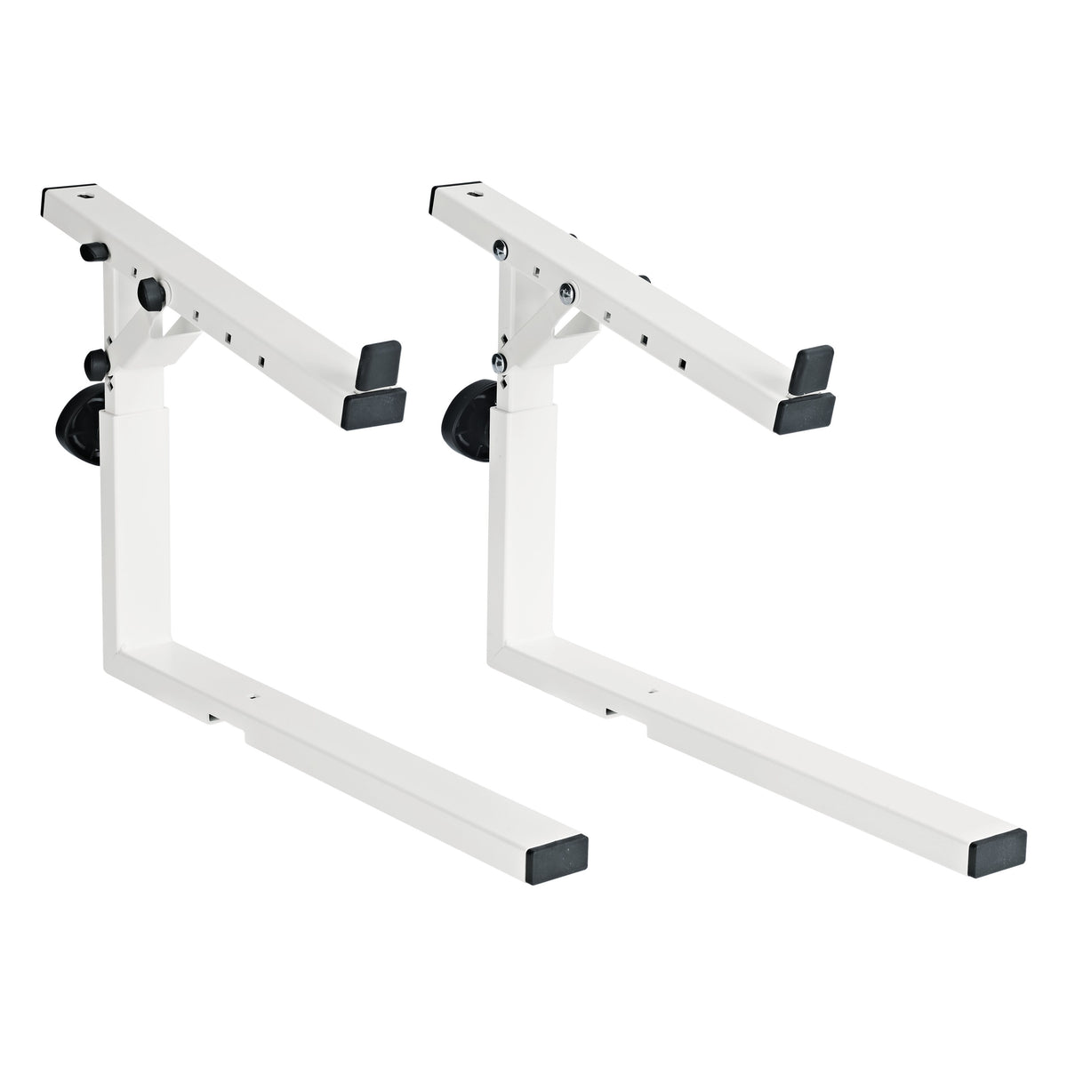 18811 Stacker second tier add-on pair of arms in pure white, side three-quarter view showing black adjustment knobs, angled support arms and black rubber end caps, K&M