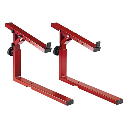 18811 Stacker second tier add-on pair, front three-quarter view of two ruby red support arms with black clamp knobs and rubber end caps, K&M
