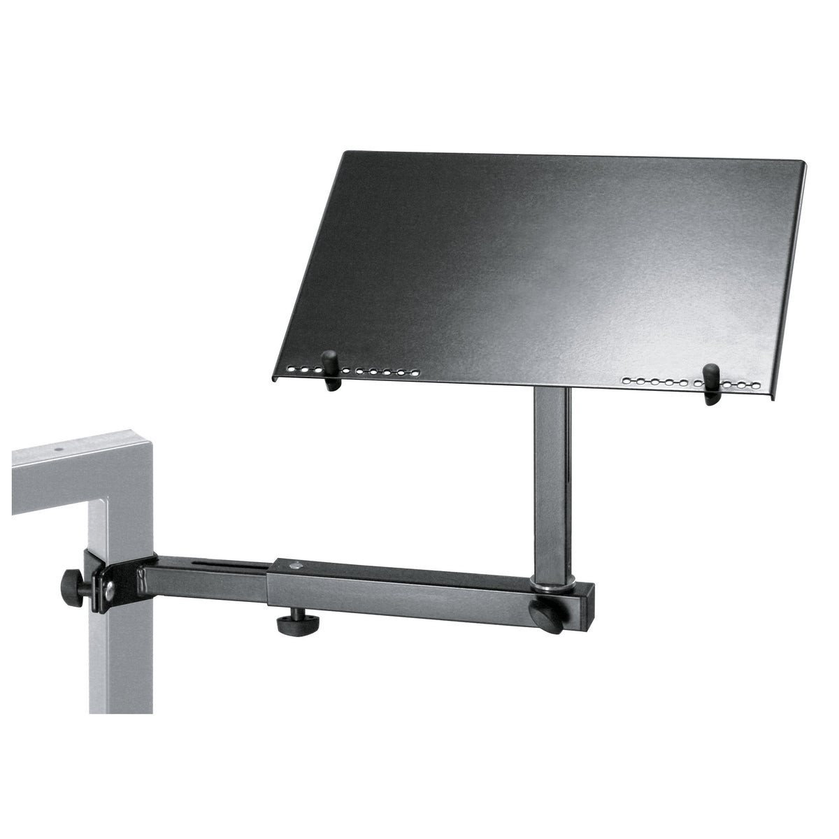 18815 laptop holder front view with black tray, adjustable arm and clamp mounted on a keyboard stand leg, K&M
