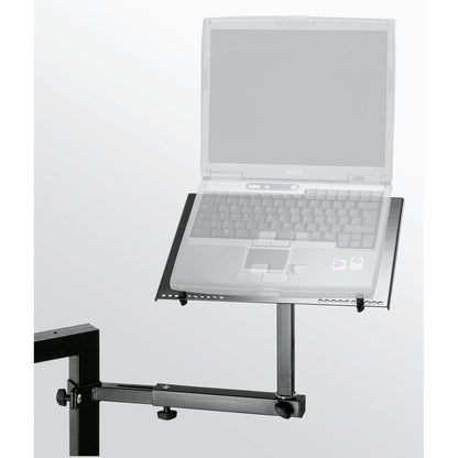 18815 laptop holder in use with a laptop resting on the tray and retaining pegs, arm clamped to a keyboard table frame, K&M