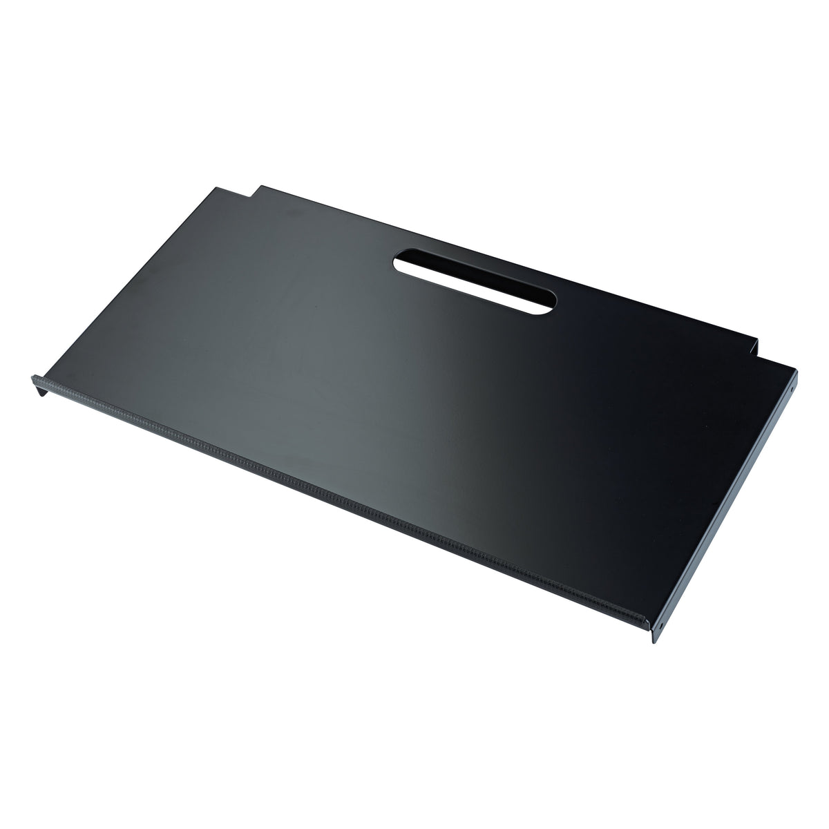18819 controller keyboard tray top angled view showing black steel surface with central cable handle slot and textured front lip, K&M