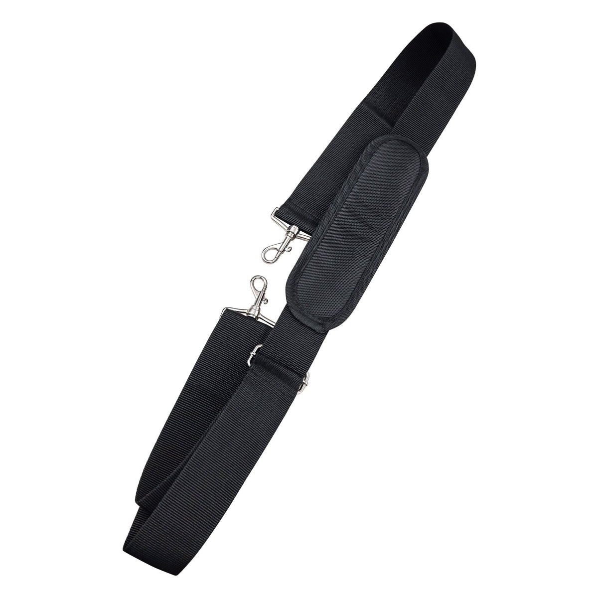 Black padded nylon carry strap with two chrome snap hooks for transporting the 18820 Omega Pro keyboard stand, K&M