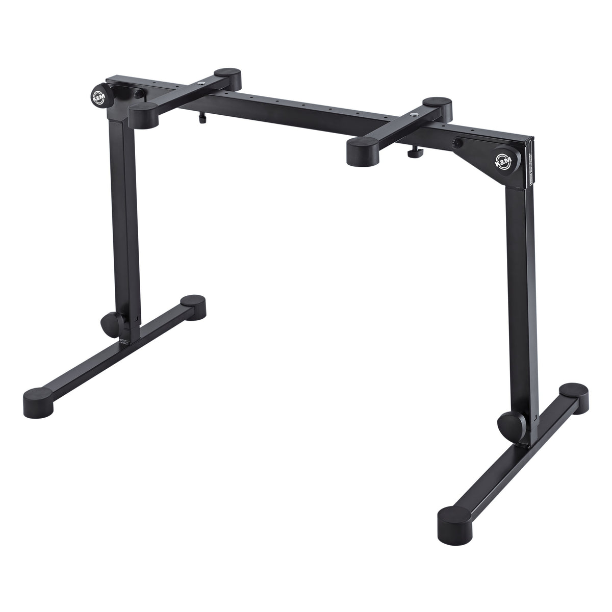 18820 Omega Pro table-style keyboard stand at lowest height setting with legs retracted and support arms in place, K&M