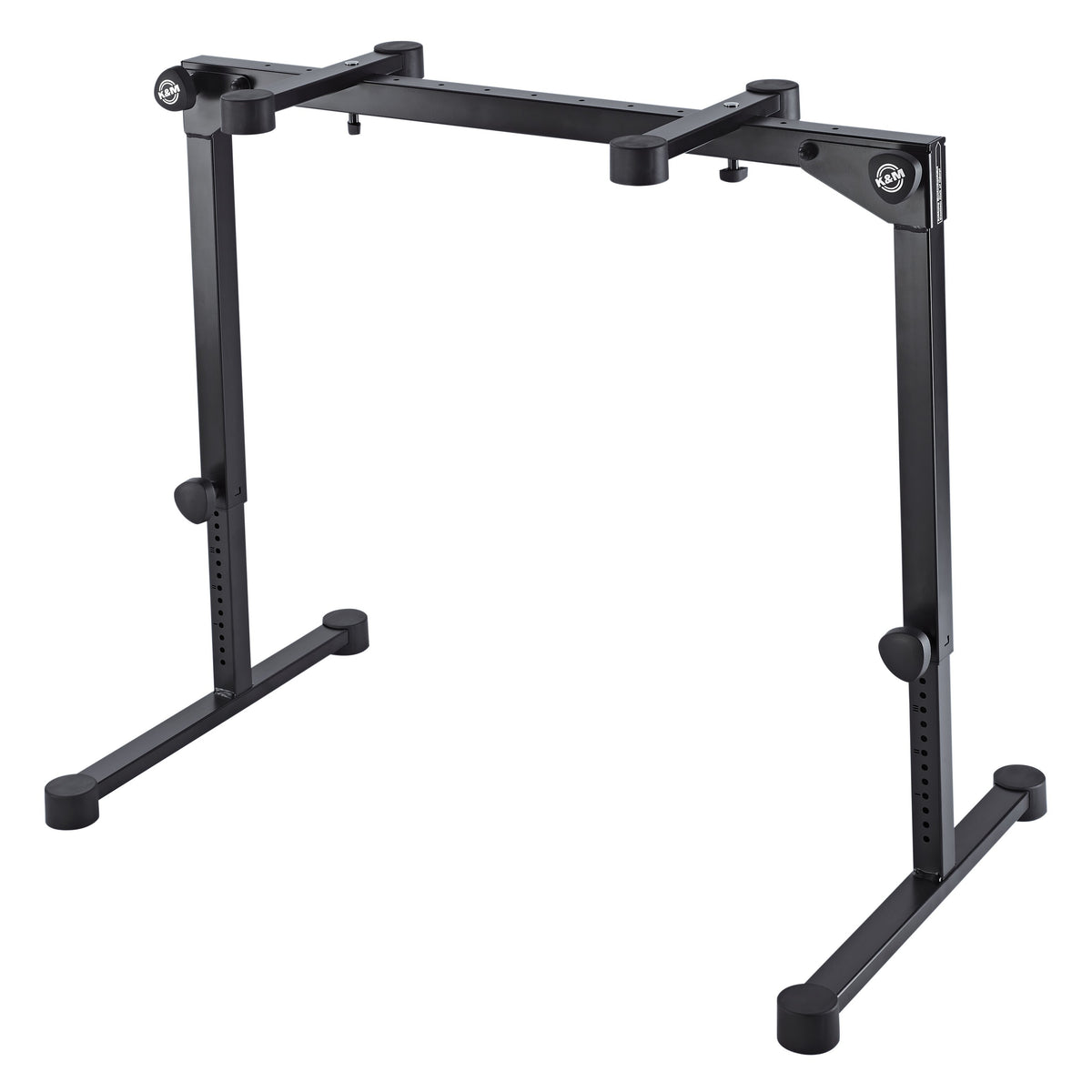 18820 Omega Pro table-style keyboard stand extended to a higher height setting showing leg adjustment holes and clamp knobs, K&M