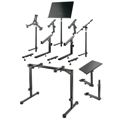 18820 Omega Pro keyboard stand shown with optional add-on accessories including tablet holder, music desk, tiered keyboard arms and microphone boom, K&M
