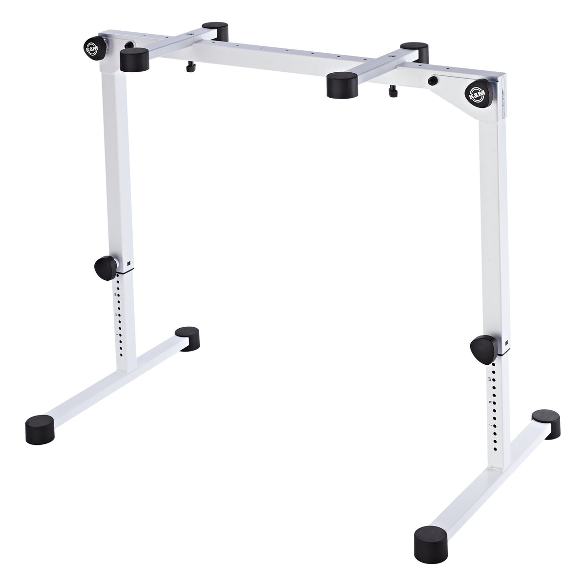18820 Omega Pro keyboard stand in pure white, three-quarter view at extended height showing the row of height adjustment holes on the leg columns, K&M