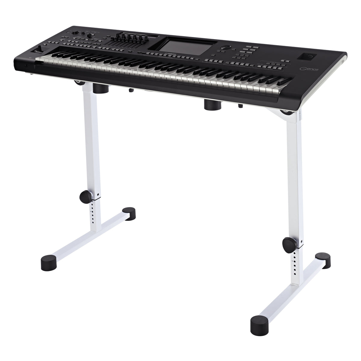 18820 Omega Pro keyboard stand in pure white, in use supporting a Yamaha Genos arranger keyboard on the top frame, K&M