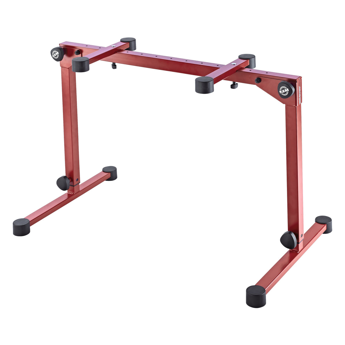 18820 Omega Pro keyboard stand set at its lowest height with leg extensions fully retracted and knobs near the base, K&M
