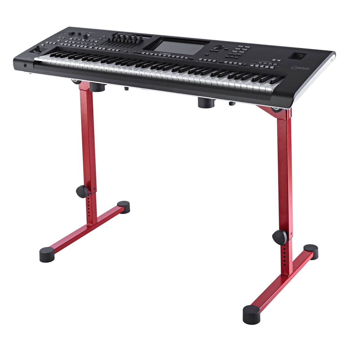 18820 Omega Pro keyboard stand in ruby red supporting a Yamaha Genos workstation on its rubber-capped support arms, K&M