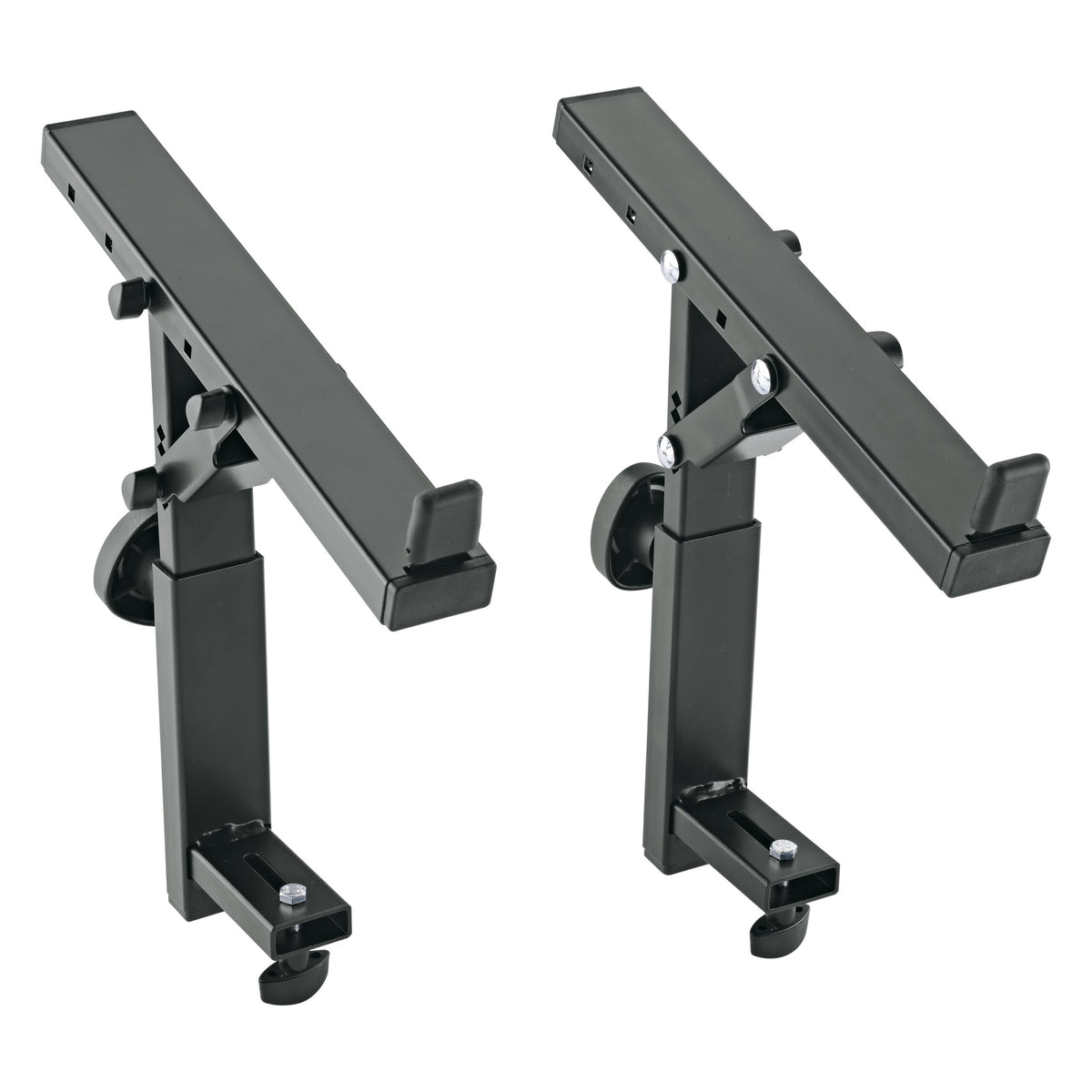 18822 Stacker third-level keyboard stand arm pair, angled front view showing black support arms, adjustable clamp knobs and bottom clamp screws, K&M