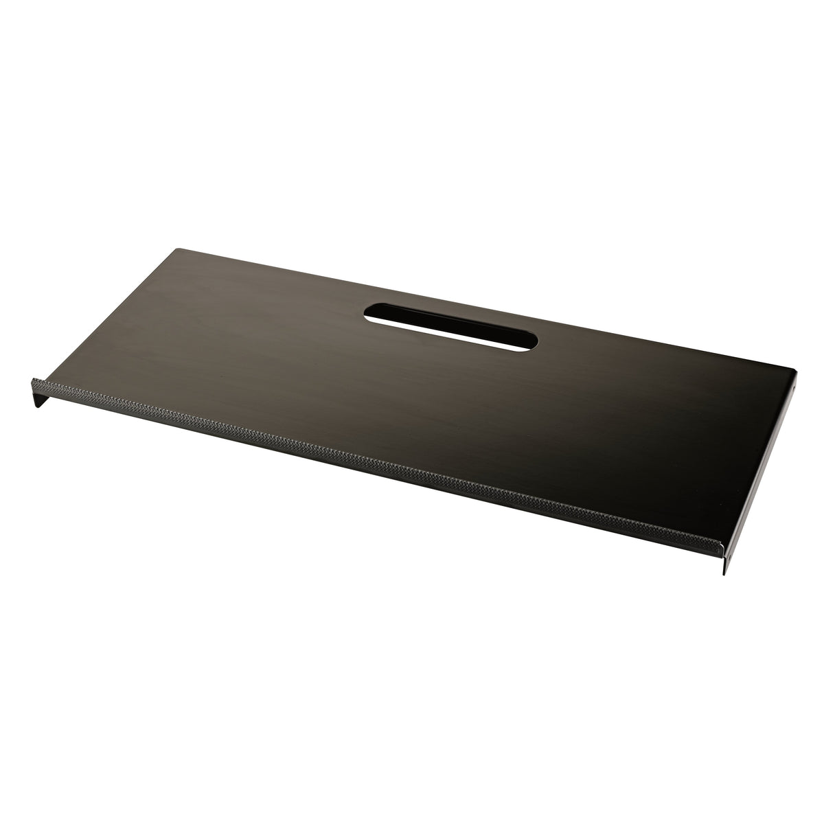 18824 controller keyboard tray top angled view showing black aluminum shelf with central cable slot and knurled front lip, K&M