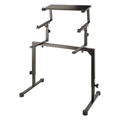 18824 controller keyboard tray fitted on black Omega stand as upper tier with adjustable arms and height clamp knobs, K&M