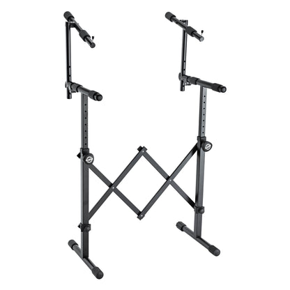 18826 equipment stand with second-tier support arms fitted above the lower arms for stacking two keyboards or mixers, K&M